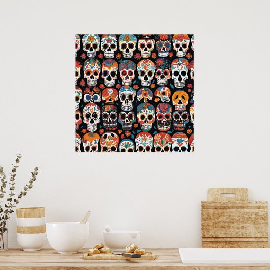 Levendige Mexicaanse Folk Art Skull Design Poster (Keuken)