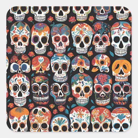 Levendige Mexicaanse Folk Art Skull Design Vierkante Sticker (Voorkant)