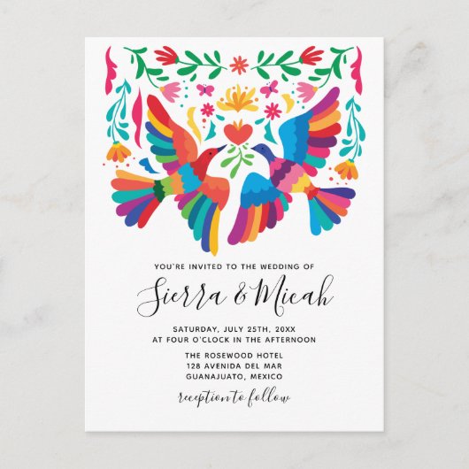 Levendige Mexicaanse geïnspireerde vogels en bloem Aankondigingskaart (Voorkant)
