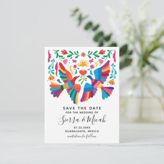Levendige Mexicaanse geïnspireerde vogels en Flora Save The Date (Staand voorkant)