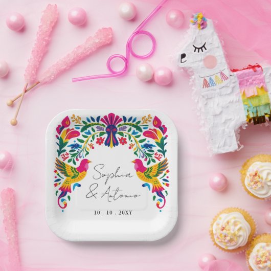 Levendige Mexicaanse Otomi Vogels Floral Fiesta Hu Papieren Bordje (Feest)