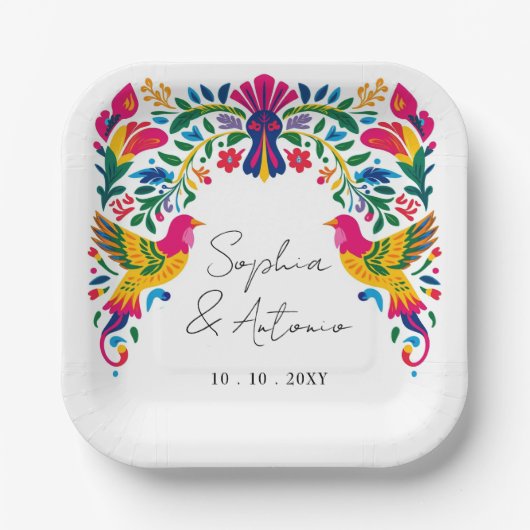 Levendige Mexicaanse Otomi Vogels Floral Fiesta Hu Papieren Bordje (Voorkant)