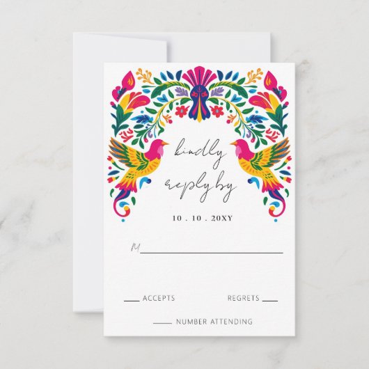 Levendige Mexicaanse Otomi Vogels Floral Fiesta Hu RSVP Kaartje (Voorkant)