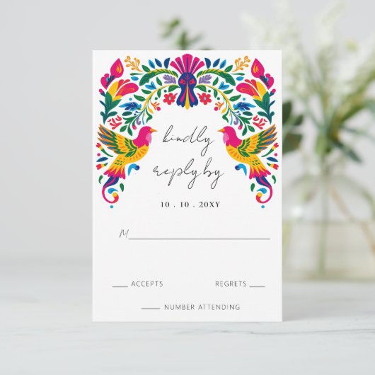 Levendige Mexicaanse Otomi Vogels Floral Fiesta Hu RSVP Kaartje (Staand voorkant)