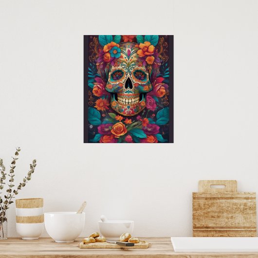Levendige Mexicaanse viering: Sugar Skull Art Poster (Keuken)