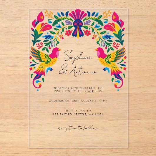 Levendige Mexicaanse Vogels Otomi Floral Fiesta Hu Acryl Uitnodigingen (Voorkant)