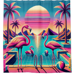"Levendige Mid-Century Modern Flamingo Pool Sunset Douchegordijn