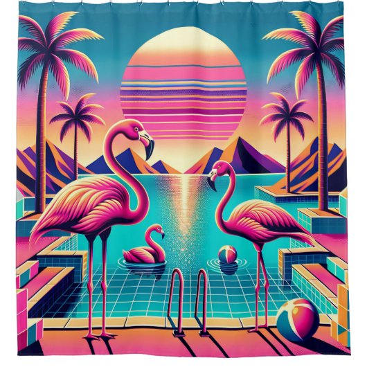 "Levendige Mid-Century Modern Flamingo Pool Sunset Douchegordijn (Voorkant)