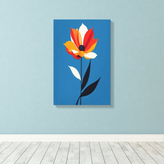 Levendige minimalistische bloem op blauwe kunst canvas afdruk (Insitu (Houten vloer))