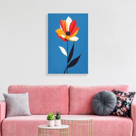 Levendige minimalistische bloem op blauwe kunst canvas afdruk (Insitu (Woonkamer))