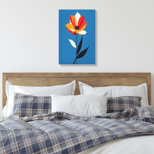 Levendige minimalistische bloem op blauwe kunst canvas afdruk (Insitu (Slaapkamer))