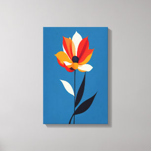 Levendige minimalistische bloem op blauwe kunst canvas afdruk