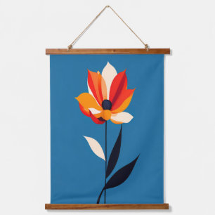Levendige minimalistische bloem op blauwe kunst hangend wandkleed
