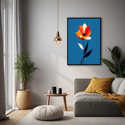 Levendige minimalistische bloem op blauwe kunst perfect poster