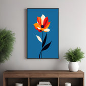 Levendige minimalistische bloem op blauwe kunst perfect poster