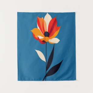 Levendige minimalistische bloem op blauwe kunst wandkleed