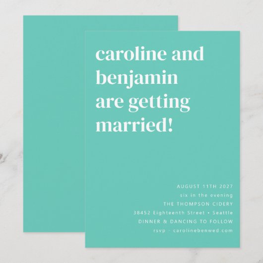 Levendige Mint Aqua Blauwgroen Clean Modern Weddin Kaart (Voorkant / Achterkant)