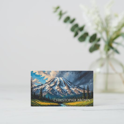 Levendige Mount Rainier Landschap Wolken Bomen QR Visitekaartje (Staand voorkant)