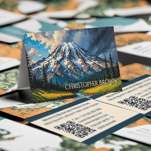 Levendige Mount Rainier Landschap Wolken Bomen QR Visitekaartje