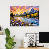 Levendige Mountain Sunrise olieverfschilderij Poster (Thuiskantoor)
