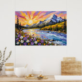 Levendige Mountain Sunrise olieverfschilderij Poster (Keuken)