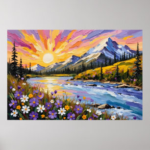 Levendige Mountain Sunrise olieverfschilderij Poster