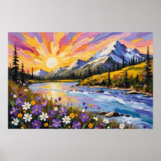 Levendige Mountain Sunrise olieverfschilderij Poster (Voorkant)