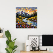 Levendige Mountain Sunrise Square olieverfschilder Poster (Thuiskantoor)