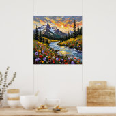 Levendige Mountain Sunrise Square olieverfschilder Poster (Keuken)