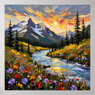 Levendige Mountain Sunrise Square olieverfschilder Poster