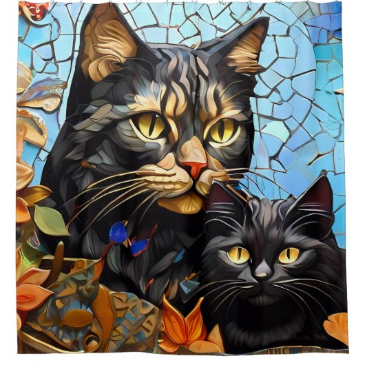 Levendige Mozaïek Kat Glas in lood Artistic Feline Douchegordijn (Voorkant)