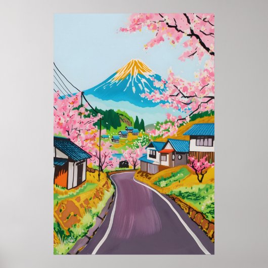 Levendige Mt Fuji Sakura Kunst Japans Platteland Poster (Voorkant)