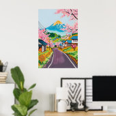 Levendige Mt Fuji Sakura Kunst Japans Platteland Poster (Thuiskantoor)