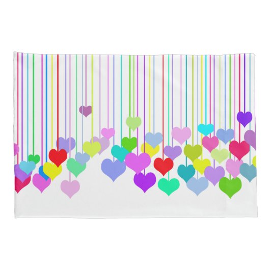 Levendige multi-gekleurde hangende harten op wit kussensloop (Achterkant-Rechts)