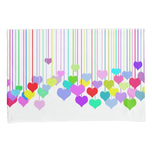 Levendige multi-gekleurde hangende harten op wit kussensloop (Voorkant-Rechts)