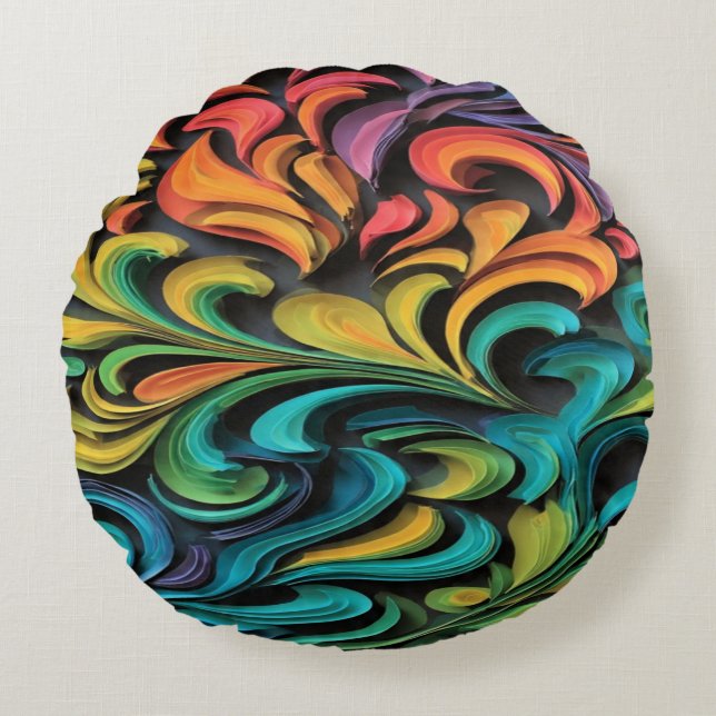 Levendige Multikleur Swirl Kunst Rond Kussen (Voorkant)