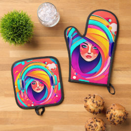 Levendige muziekstroom ovenwant & pannenlap set
