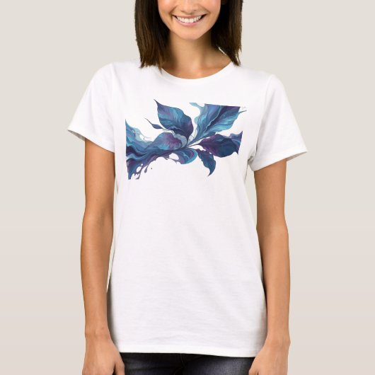 Levendige Navy Abstracte Bladeren Modeprint T-shirt (Voorkant)