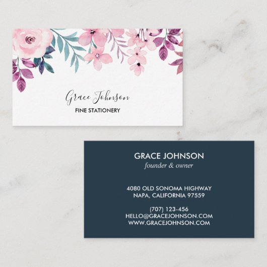 Levendige Navy en Bourgondische Floral Waterverf D Visitekaartje (Voorkant / Achterkant)