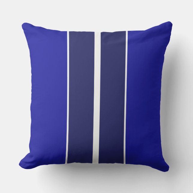 Levendige Navy White Racing Stripes op Royal Blue Buitenkussen (Voorkant)