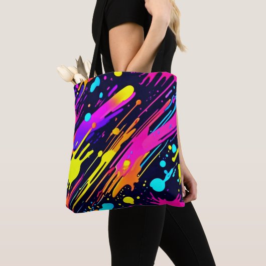Levendige Neon Abstracte Kleurspatontwerp Tote Bag (Dichtbij)