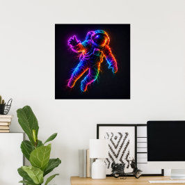 Levendige Neon Astronaut Drijvend in Ruimte Muur Poster