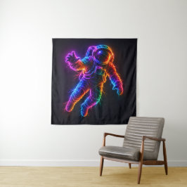 Levendige Neon Astronaut Drijvend in Ruimte Muur Wandkleed