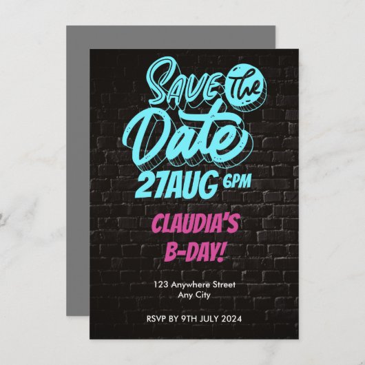 Levendige Neon Brick Wall Verjaardag Save the Date Kaart (Voorkant / Achterkant)