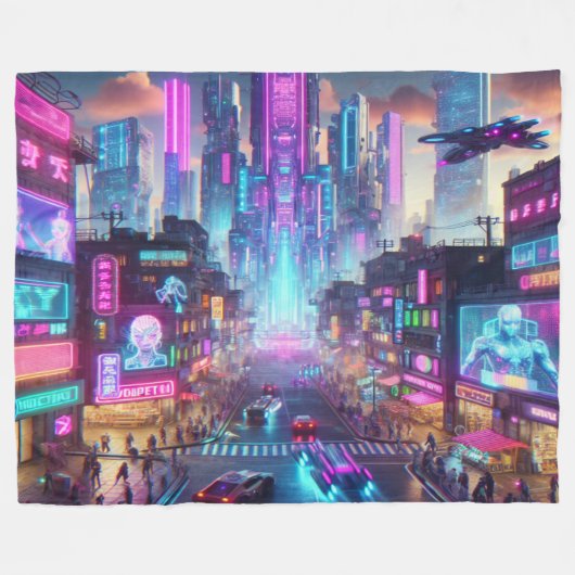 Levendige Neon Cyberpunk Cityscape Fantasy | Fleece Deken (Voorkant (Horizontaal))