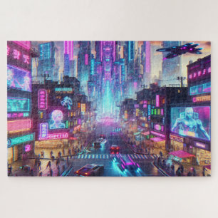 Levendige Neon Cyberpunk Cityscape Fantasy Legpuzzel