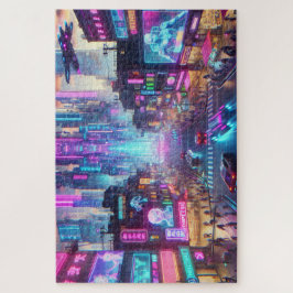 Levendige Neon Cyberpunk Cityscape Fantasy | Legpuzzel