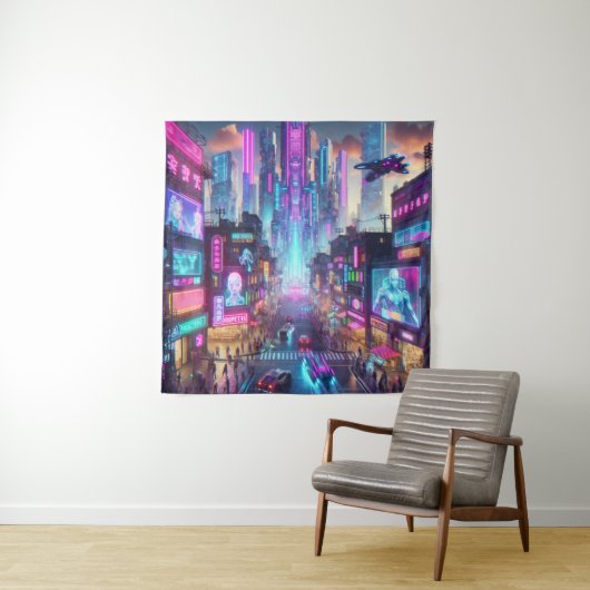 Levendige Neon Cyberpunk Cityscape Fantasy | Wandkleed (In situ)