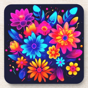 Levendige Neon Floral Art Bier Onderzetter