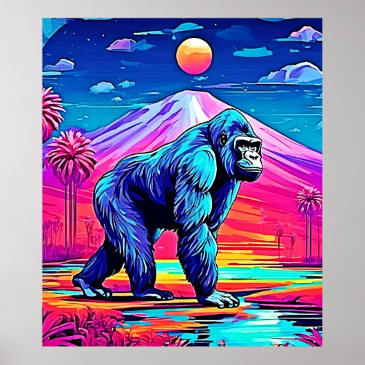 Levendige Neon Gorilla in een surrealistisch Oerwo Poster (Voorkant)